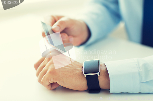 Image of close up of hands with smart watch and credit card