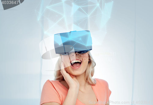 Image of woman in virtual reality headset or 3d glasses