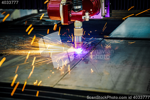 Image of CNC Laser plasma cutting of metal, modern industrial technology.