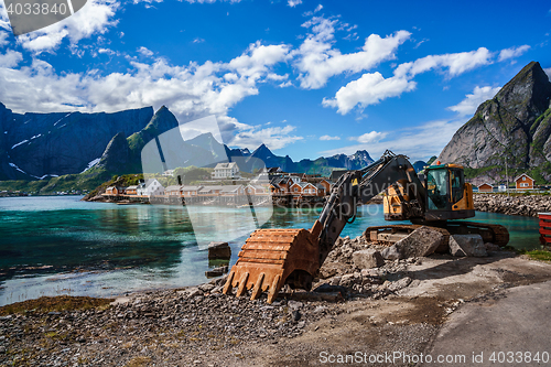 Image of Excavator, bulldozer repair work on the road. Norway