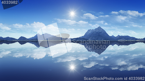 Image of mountains reflecting in the clear water