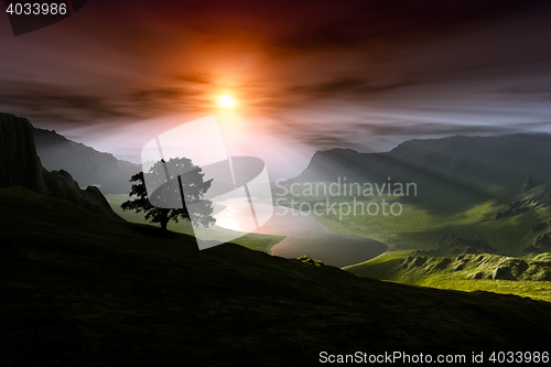 Image of a sunset over a valley with a tree silhouette