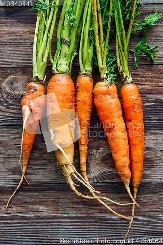 Image of Raw carrot with green leaves on wooden background