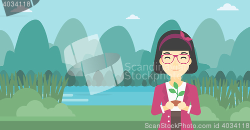 Image of Woman holding plant vector illustration.