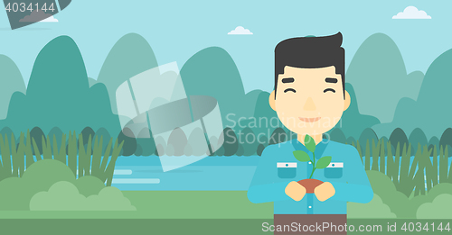 Image of Man holding plant vector illustration.