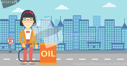 Image of Woman with oil barrel and gas pump nozzle.