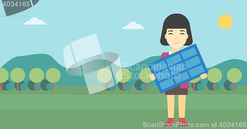 Image of Woman holding solar panel vector illustration.