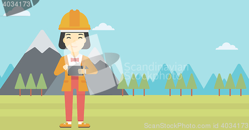 Image of Woman holding tablet computer vector illustration.