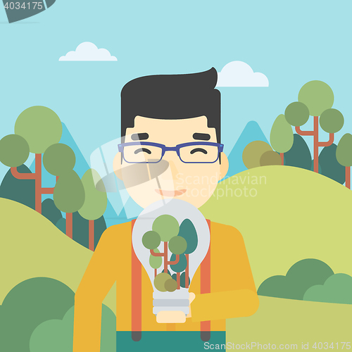 Image of Man with lightbulb and trees inside.