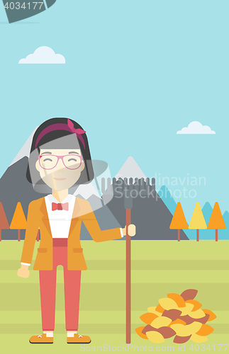 Image of Woman raking autumn leaves vector illustration.