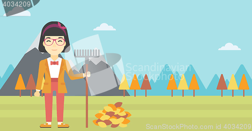 Image of Woman raking autumn leaves vector illustration.