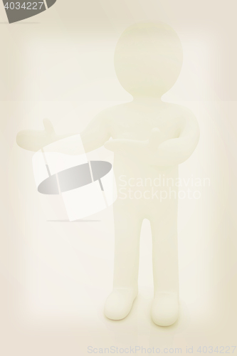 Image of Happy 3d business man showing copy space, isolated on white . 3D