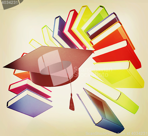 Image of Colorful books like the rainbow and graduation hat . 3D illustra