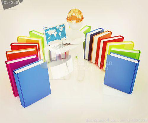 Image of 3d man in hard hat working at his laptop and books . 3D illustra