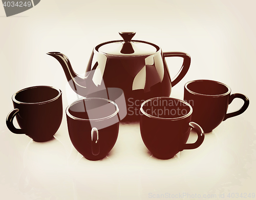 Image of black teapot and cups. 3D illustration. Vintage style.