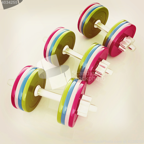 Image of Colorful dumbbells on a white background. 3D illustration. Vinta