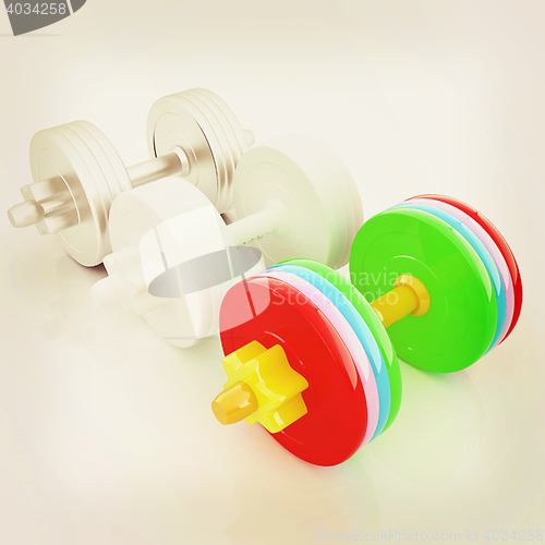 Image of Colorfull dumbbells on a white background. 3D illustration. Vint