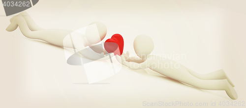 Image of 3D humans lying and holds heart. 3D illustration. Vintage style.