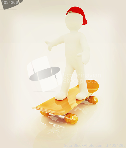 Image of 3d white person with a skate and a cap. 3D illustration. Vintage