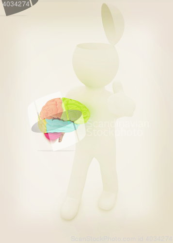 Image of 3d people - man with half head, brain and trumb up. . 3D illustr