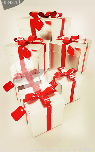 Image of Gifts with red ribbon. 3D illustration. Vintage style.