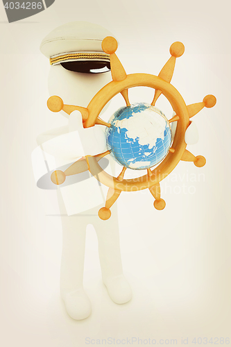 Image of Sailor with wood steering wheel and earth. Trip around the world