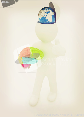 Image of 3d people - man with half head, brain and trumb up. Traveling co