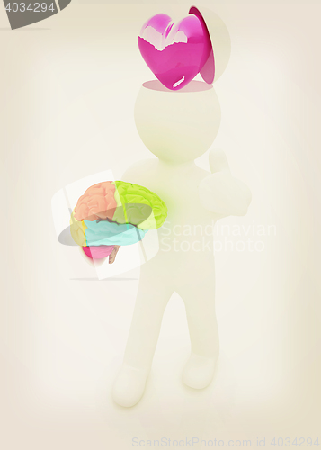 Image of 3d people - man with half head, brain and trumb up. Love concept