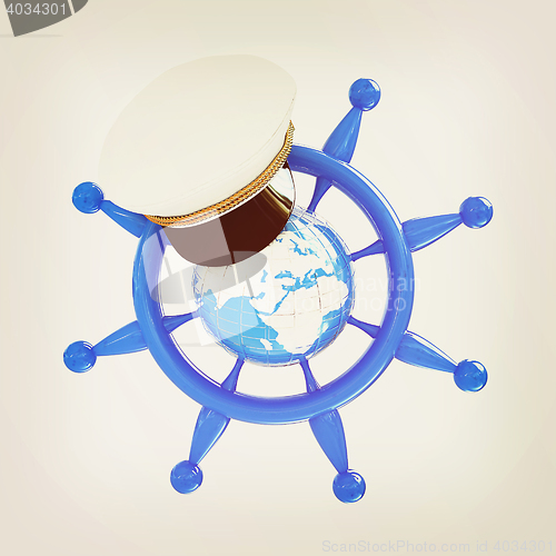 Image of Steering wheel with Earth, and marine cap . Trip around the worl
