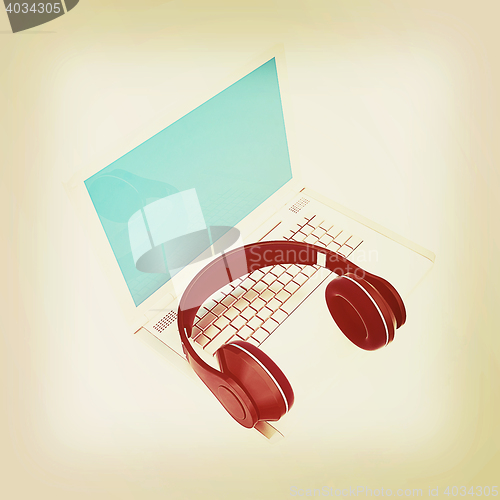 Image of Headphone and Laptop . 3D illustration. Vintage style.