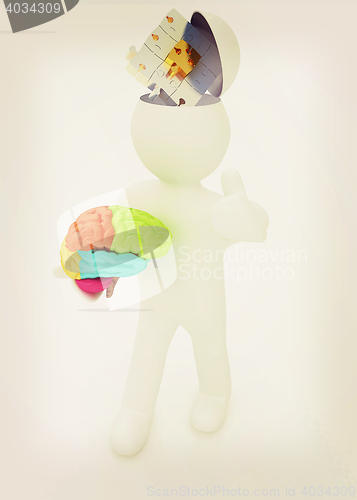 Image of 3d people - man with half head, brain and trumb up. Idea concept