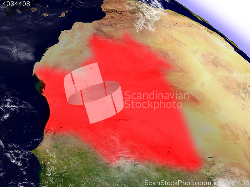 Image of Mauritania from space highlighted in red
