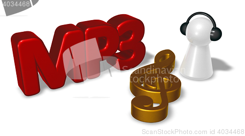 Image of mp3 tag, clef symbol and pawn with headphones - 3d rendering