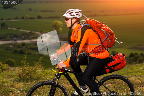 Image of Young man cycling on a rural road through green meadow