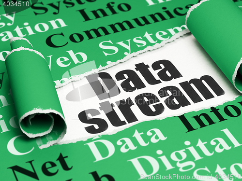 Image of Information concept: black text Data Stream under the piece of  torn paper