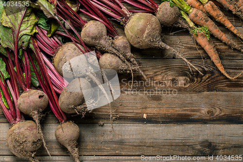 Image of Young beets and carrots on wooden table