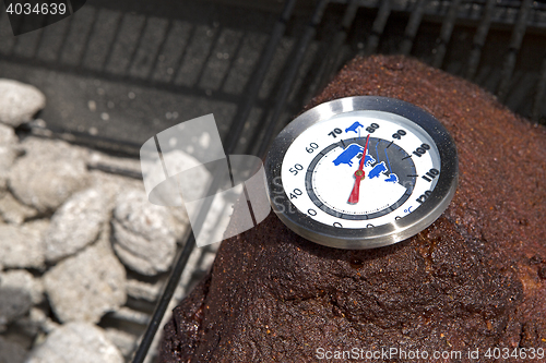 Image of Thermometer on pork, BBQ grill