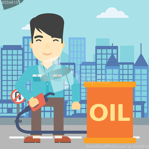 Image of Man with oil barrel and gas pump nozzle.