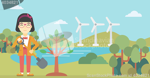 Image of Woman plants tree vector illustration.