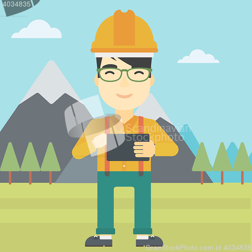 Image of Man holding tablet computer vector illustration.