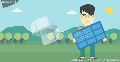 Image of Man holding solar panel vector illustration.