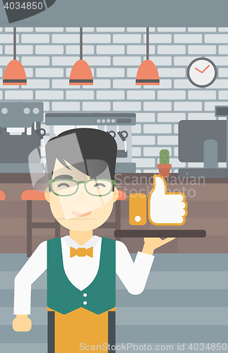 Image of Waiter with like button vector illustration.