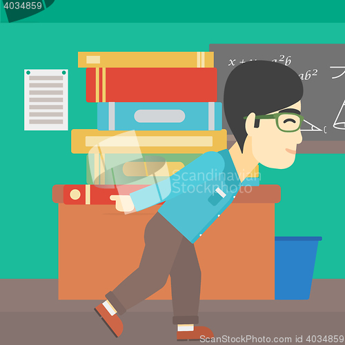 Image of Student with pile of books vector illustration.