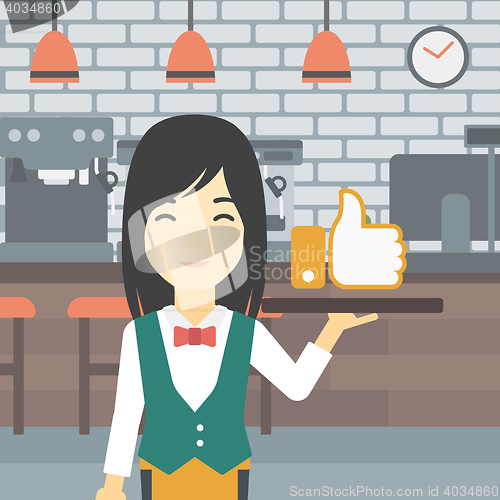 Image of Waitress with like button vector illustration.