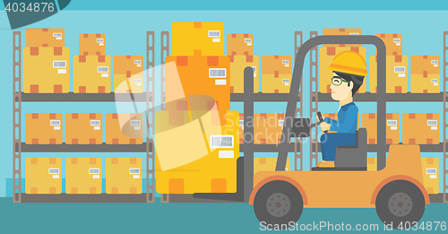 Image of Warehouse worker moving load by forklift truck.