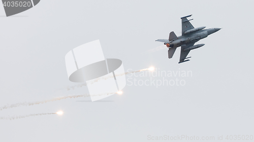 Image of LEEUWARDEN, THE NETHERLANDS - JUN 11, 2016: Dutch F-16 fighter j