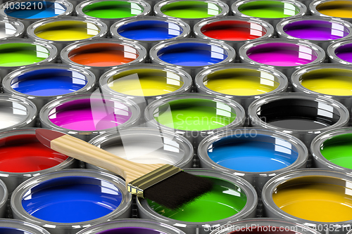 Image of Multiple open paint cans.