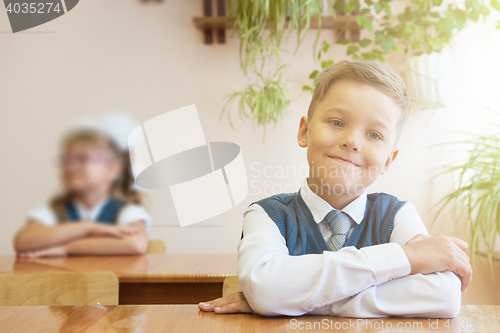 Image of Happy schoolboy sitting at desk