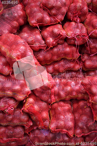 Image of Sacs containing Large onion stacked for sale