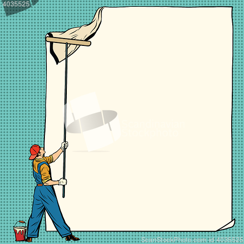 Image of worker painter sticks white poster